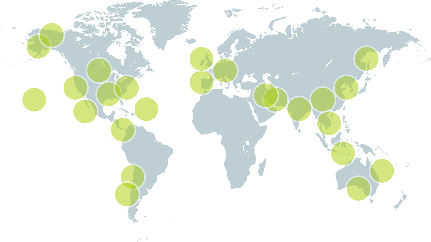 Outline map of the world with dots representing the many locations where businesses use Perkville